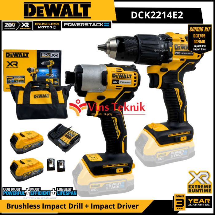 DEWALT DCK2214E2 Mesin Bor Baterai Cordless Brushless Impact Drill + Impact Driver DCD709 + DCF840 Combo Kit 20V