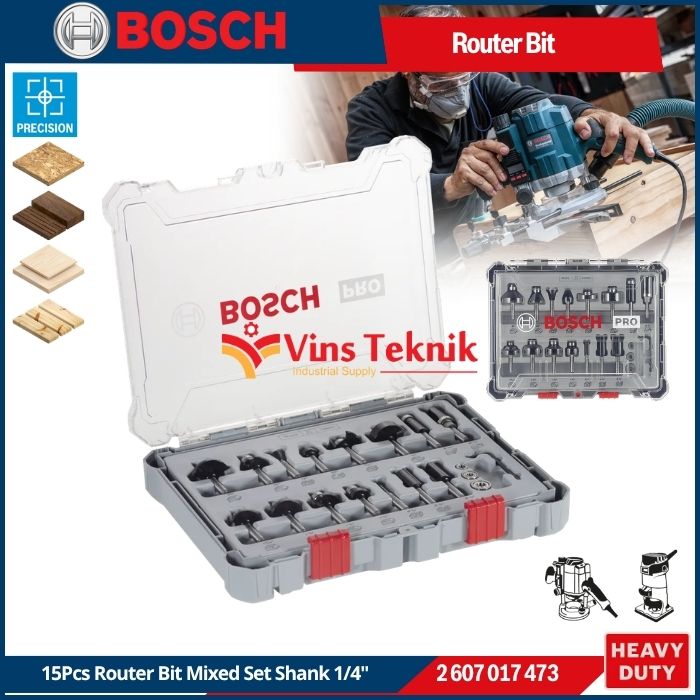 BOSCH Mata Profil Kayu Set Trimmer Router Bit Mixed Set Shank 1/4″ 15Pcs 2607017473