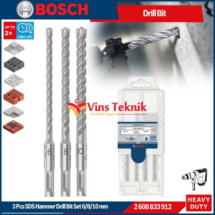 BOSCH Mata Bor Beton SDS plus-5X Hammer Drill Bit Set 6/8/10 mm 3Pcs 2608833912
