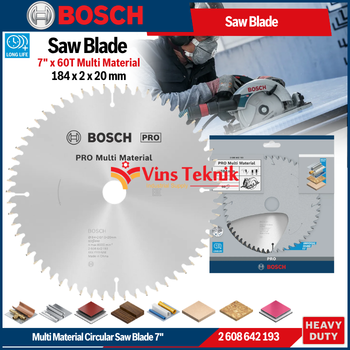 BOSCH Mata Gergaji Kayu Alumunium Multi Material Circular Saw Blade 7" x 60T 184 x 2 x 20 mm 2608642193