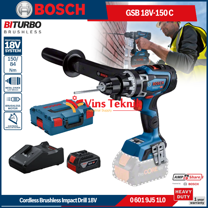 BOSCH GSB 18V-150 C Mesin Bor Baterai Tembok Cordless Brushless Impact Drill 13mm 18V GSB18V-150C