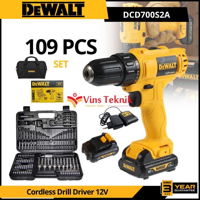 DEWALT DCD700S2A Mesin Bor Besi Kayu Baterai Cordless Drill Driver 12V With Drill Bit Kit Set 109Pcs DCD700 S2A
