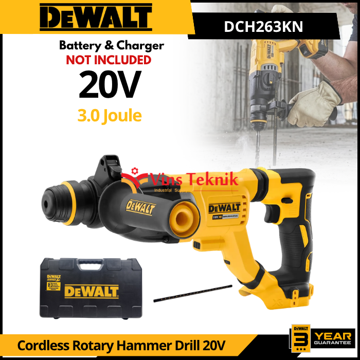 DEWALT DCH263KN Mesin Bor Tembok Beton Baterai Cordless Brushless Rotary Hammer Drill 3Joule 26MM 3MODE 20V DCH263 KN