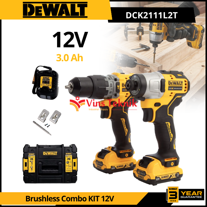 DEWALT DCK2111L2T Mesin Bor & Obeng Baterai Cordless Brushless Impact Drill & Impact Driver 12V DCD706 + DCF801 Combo KIT DCK2111 L2T