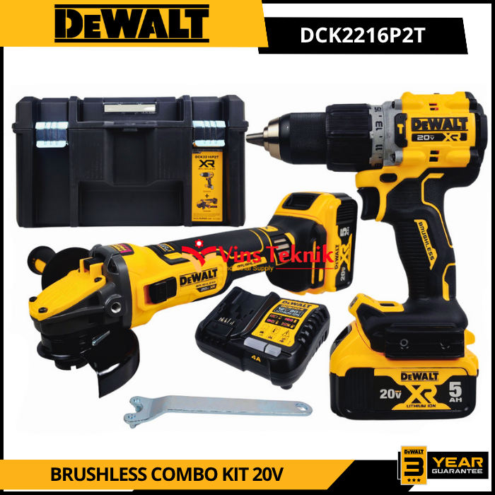 DEWALT DCK2216P2T Mesin Bor Cordless Impact Drill DCD805 + Brushless Angle Grinder DCG409 DEWALT COMBO KIT DCK2216 P2T